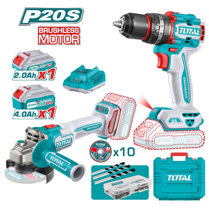 [TOTAL] - PACK TALADRO PERCUTOR + AMOLADORA BRUSHLESS C/BAT TCKLI20273E (S)