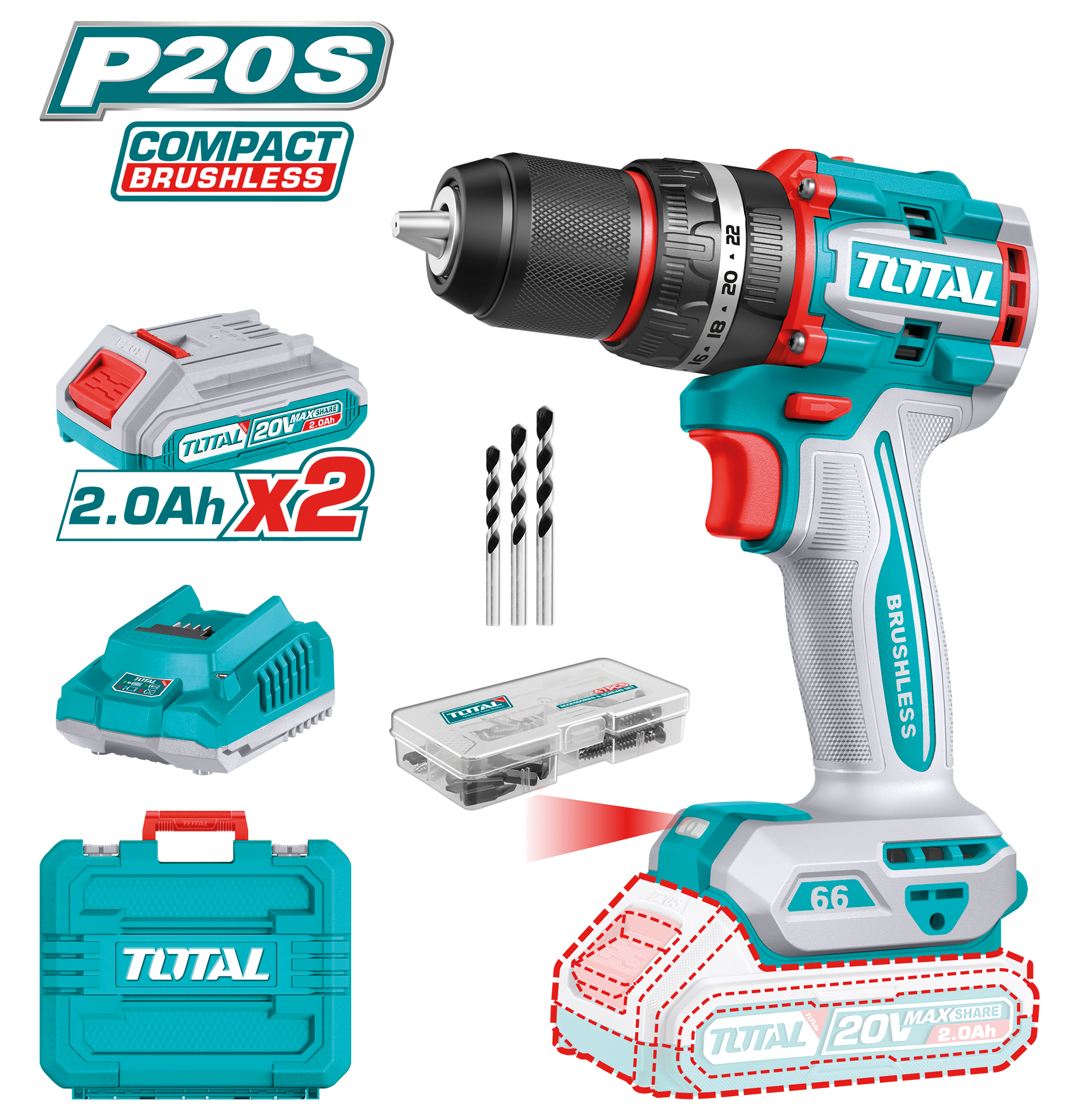 [TOTAL] - TALADRO COMBI BL BAT 20V - TIDLI20668E